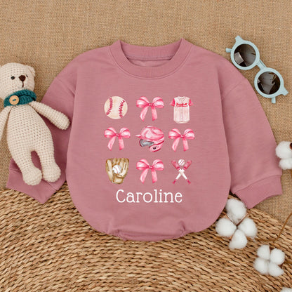 Personalized Baseball Sister Baby Romper Girl Game Day Outfit Pink Ribbon Watercolor Design Little Sister Bodysuit Baseball Fan Gift