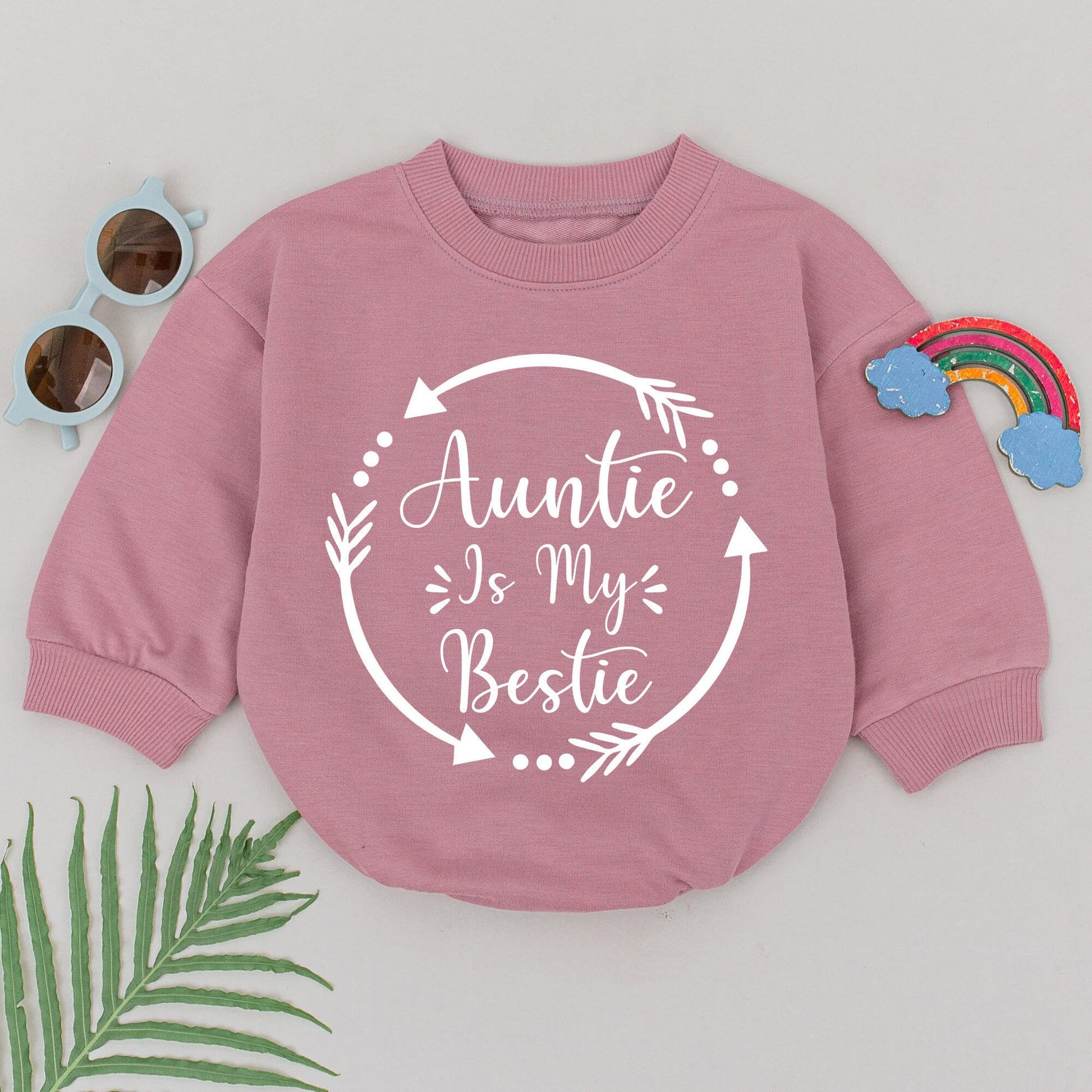 Auntie Is My Bestie Baby Romper New Newborn Outfit Sweet Gift for Auntie Girls Boys Playful Script Design Circular Arrows Dots Baby Announcement Idea