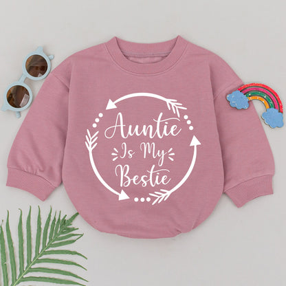 Auntie Is My Bestie Baby Romper New Newborn Outfit Sweet Gift for Auntie Girls Boys Playful Script Design Circular Arrows Dots Baby Announcement Idea