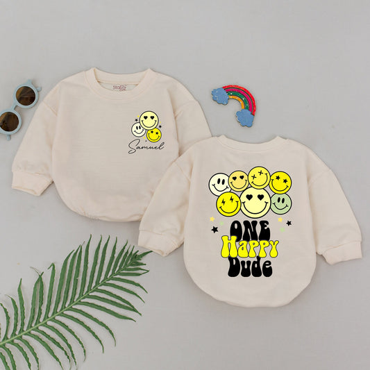Personalized One Happy Dude Romper First Birthday Baby Boy Outfit Smiley Face Bodysuit Cheerful Retro Yellow Green Infant Gift Soft Cotton