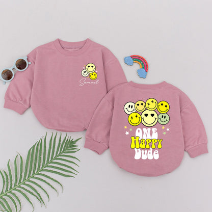 Personalized One Happy Dude Romper First Birthday Baby Boy Outfit Smiley Face Bodysuit Cheerful Retro Yellow Green Infant Gift Soft Cotton