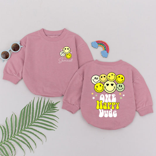 Personalized One Happy Dude Romper First Birthday Baby Boy Outfit Smiley Face Bodysuit Cheerful Retro Yellow Green Infant Gift Soft Cotton