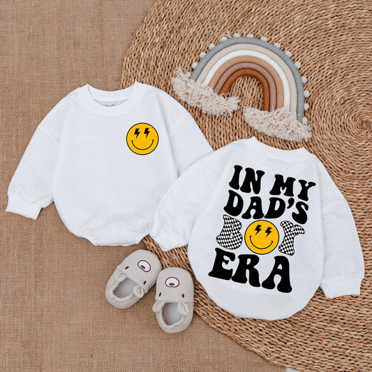 Playful Retro 'In My Dad's Era' Baby Boy Romper with Lightning Bolt Smiley Face Checkered Design Comfortable Cotton Bubble Suit Father's Day Gift