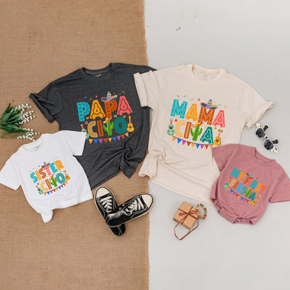 My First Fiesta Birthday Shirt Family Matching Outfits Mama Papa Cinco Abuela Mexican Theme Baby Bodysuit Colorful Sombrero Cactus Guitar Design