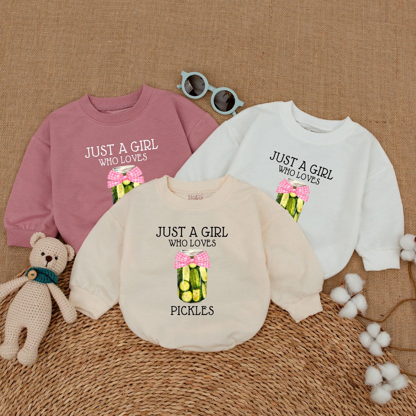 Just A Girl Who Loves Pickles Baby Bodysuit Cute Funny Pickle Jar Design Infant Romper Pink Gingham Ribbon Vegan Green Pickle Girl Outfit Hipster Baby Clothes