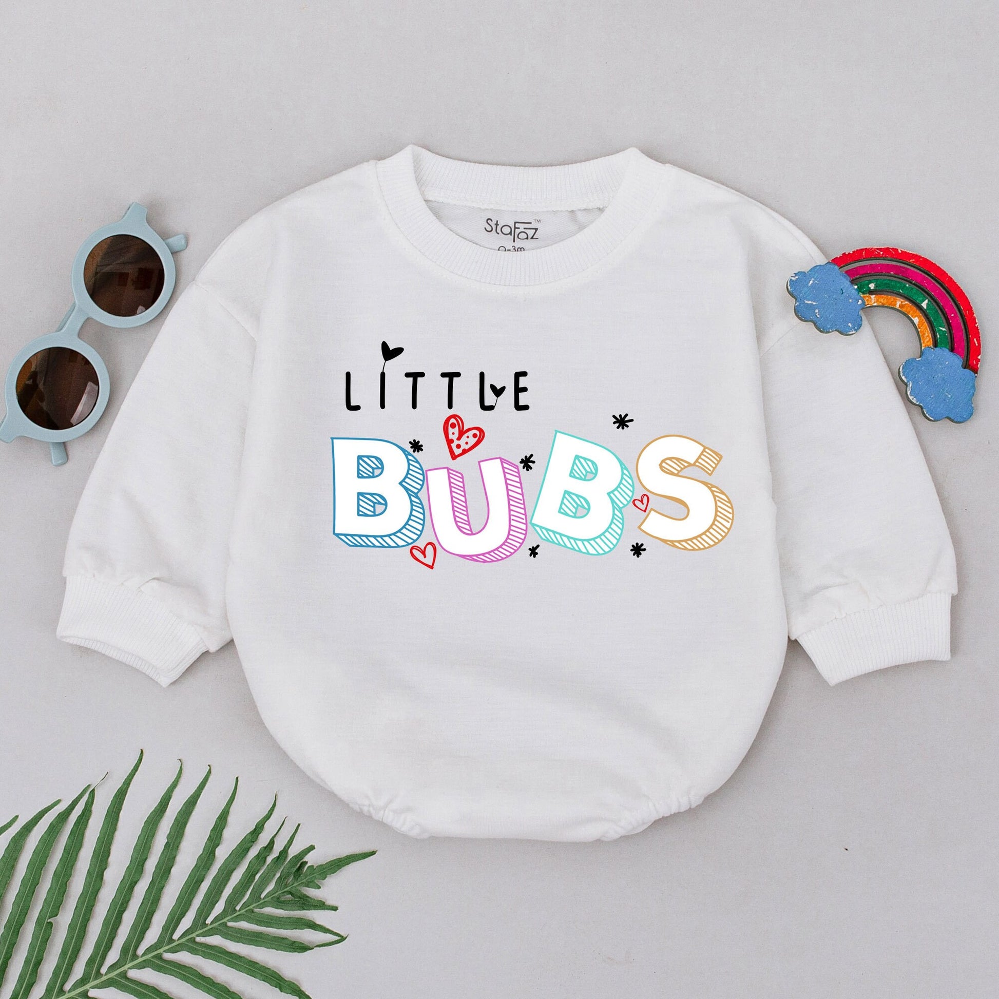 Mama's Little Boy LITTLE BUBS Romper Playful Baby Outfit with Colorful 3D Letters Hearts & Asterisks Adorable Bodysuit Baby Shower Gift