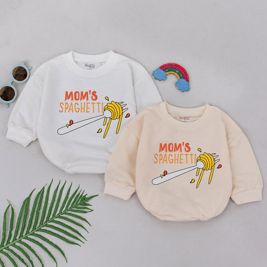 Mom's Spaghetti Baby Romper for Girls Cute Cartoon Italian Food Design Orange Fork Spaghetti Sauce Bodysuit Foodie Gift Newborn Shower Outfit