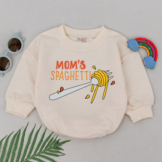 Mom's Spaghetti Baby Romper for Girls Cute Cartoon Italian Food Design Orange Fork Spaghetti Sauce Bodysuit Foodie Gift Newborn Shower Outfit