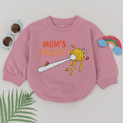 Mom's Spaghetti Baby Romper for Girls Cute Cartoon Italian Food Design Orange Fork Spaghetti Sauce Bodysuit Foodie Gift Newborn Shower Outfit
