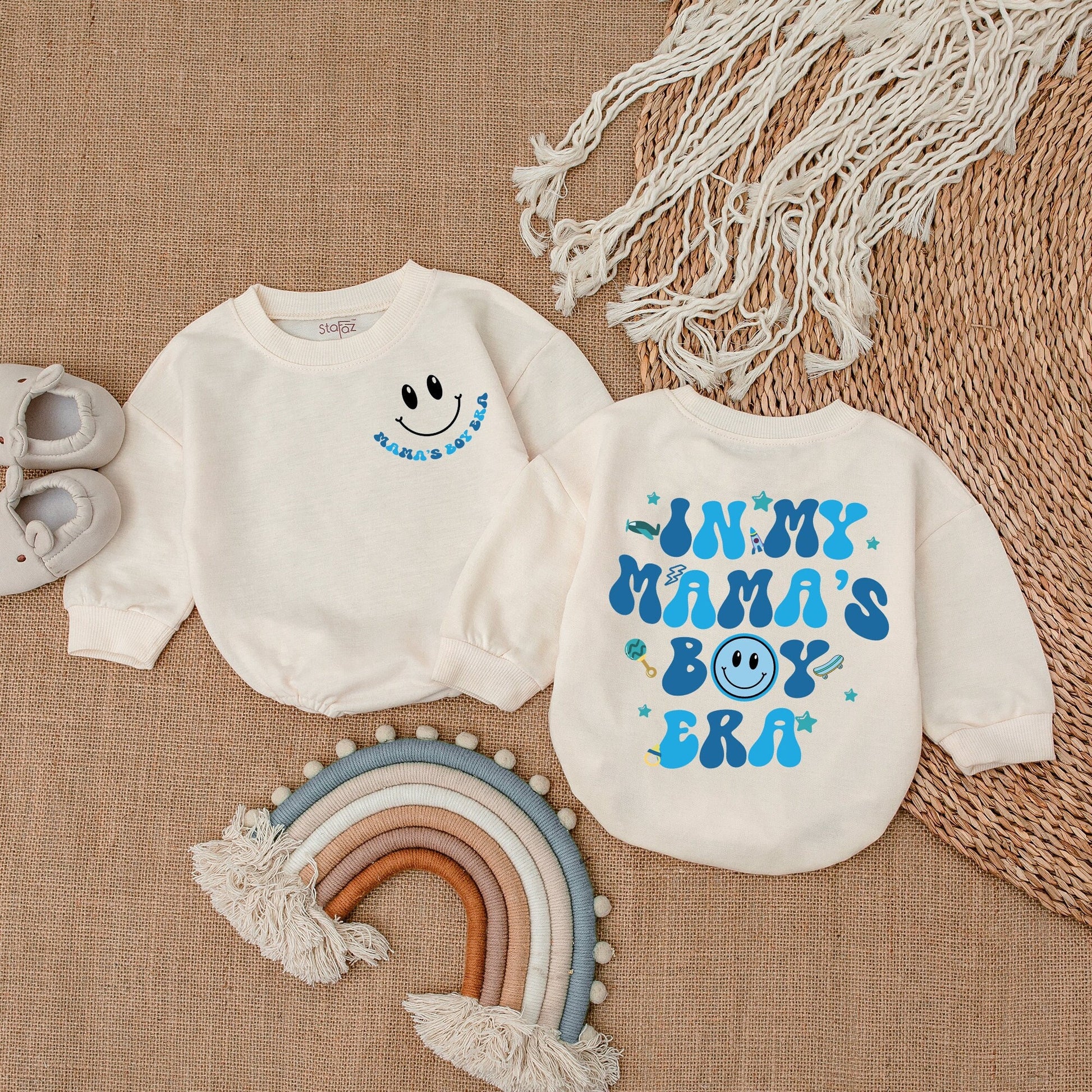 Mama's Boy Era Baby Outfit Romper Bodysuit Set Retro Blue Smiley Face Star Skateboard Rocket Gift for Boy