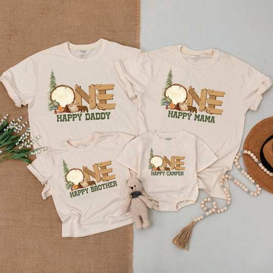 One Happy Camper First Birthday Outfit Baby Romper Rustic Camping Theme Matching Family Shirts with Pine Tree Bear Campfire Design