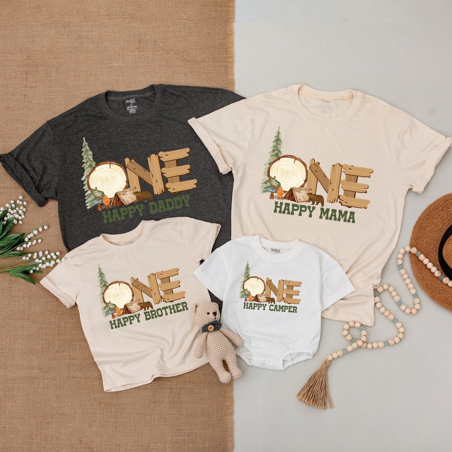 One Happy Camper First Birthday Outfit Baby Romper Rustic Camping Theme Matching Family Shirts with Pine Tree Bear Campfire Design