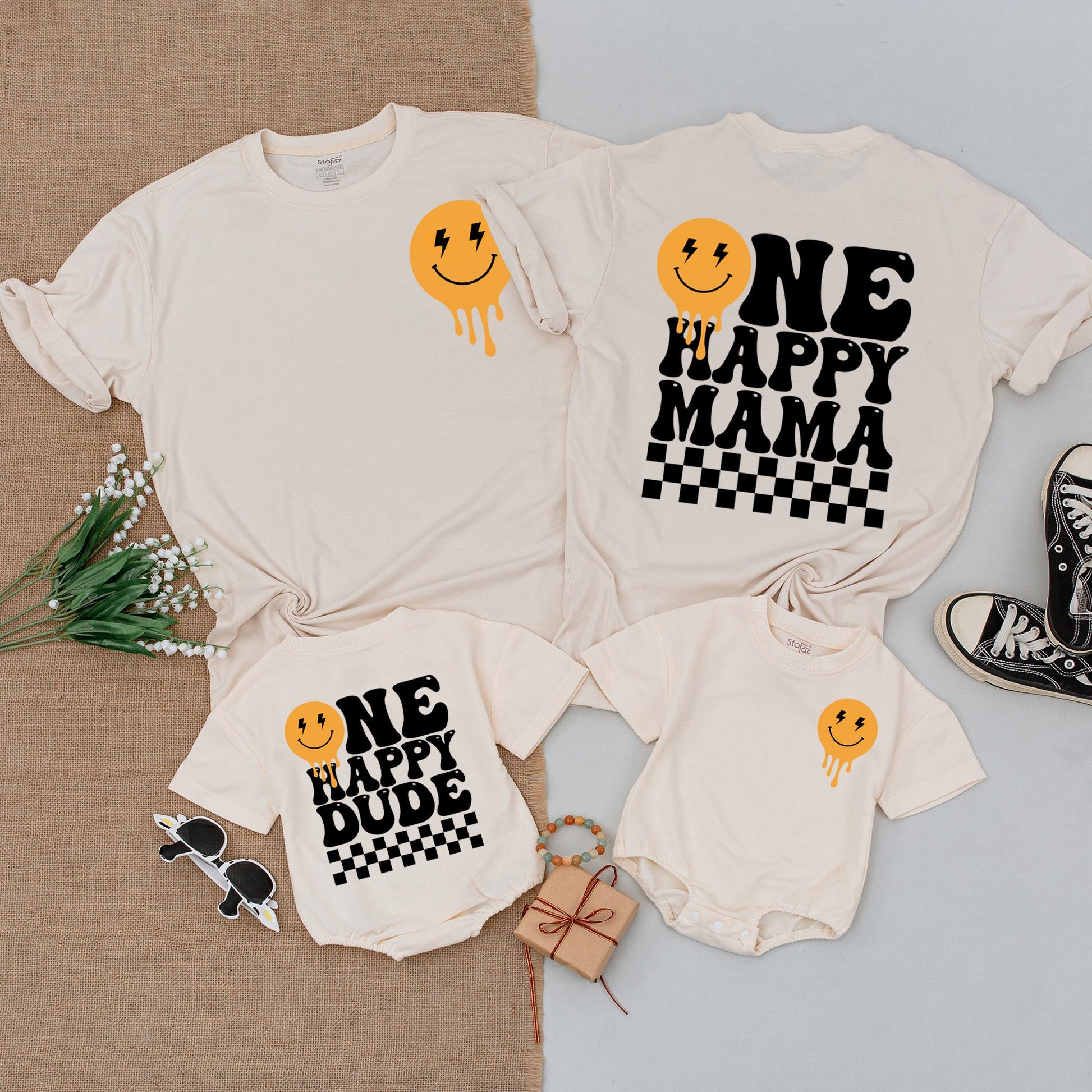 One Happy Dude 1st Birthday Family Matching Shirts & Bodysuits Retro Orange Melting Smiley Face Lightning Bolt Design