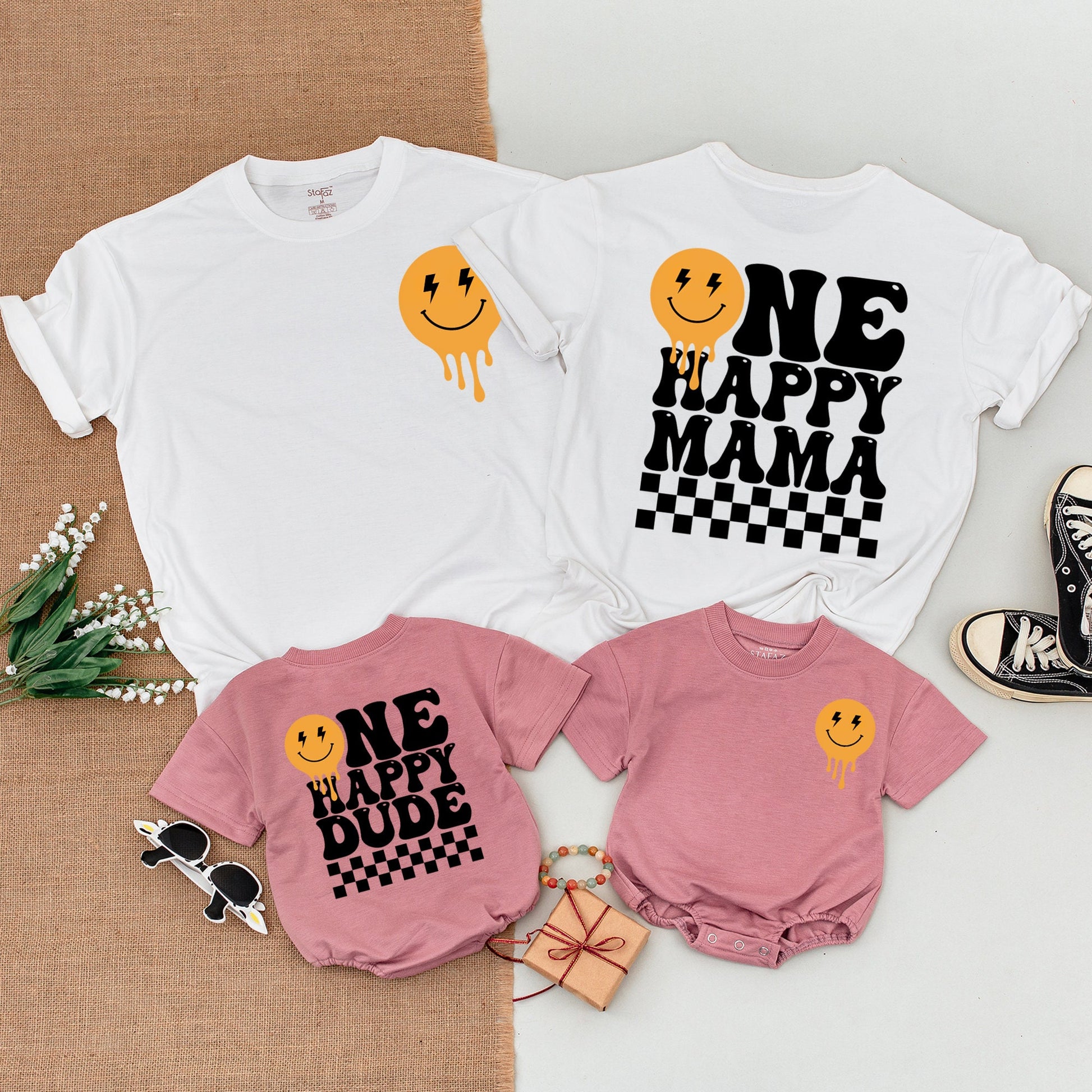 One Happy Dude 1st Birthday Family Matching Shirts & Bodysuits Retro Orange Melting Smiley Face Lightning Bolt Design