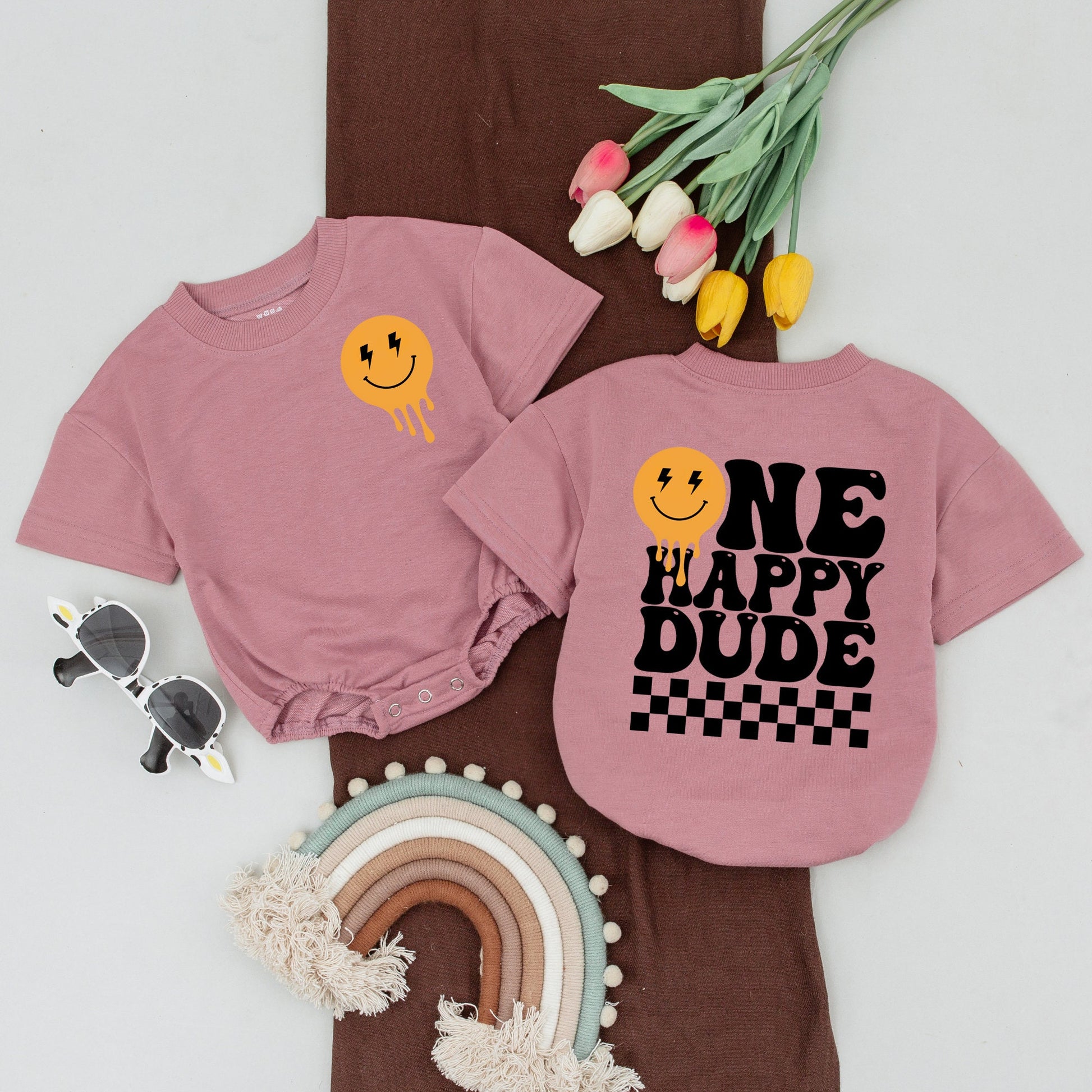 One Happy Dude 1st Birthday Family Matching Shirts & Bodysuits Retro Orange Melting Smiley Face Lightning Bolt Design