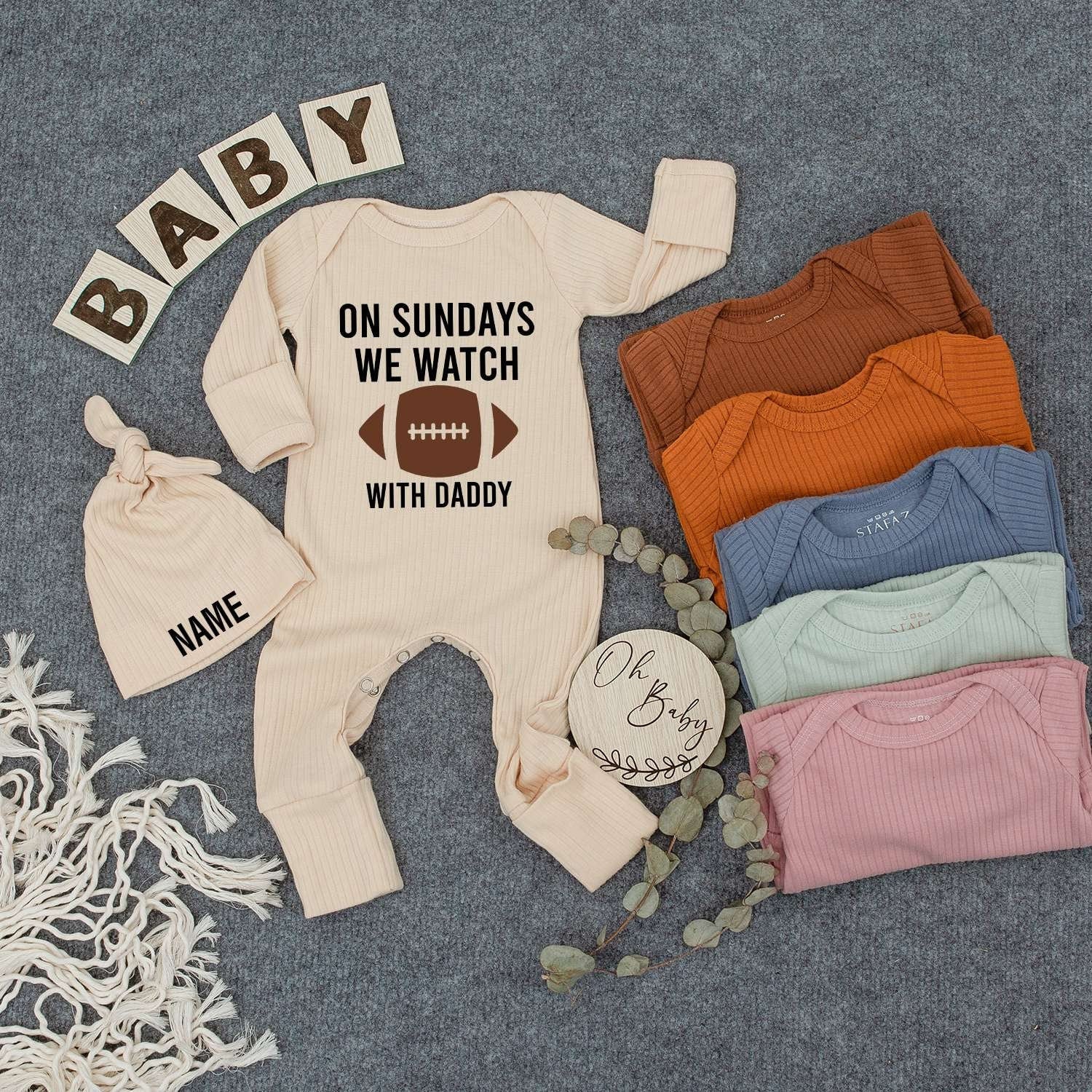 Personalized Baby Bodysuit Hat Set On Sundays We Watch Football with Daddy Custom Name Newborn Infant Outfit Gender Neutral New Mom Gift