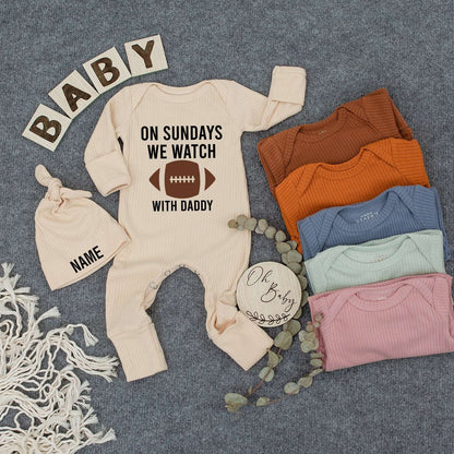 Personalized Baby Bodysuit Hat Set On Sundays We Watch Football with Daddy Custom Name Newborn Infant Outfit Gender Neutral New Mom Gift