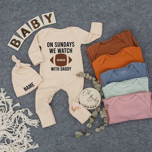 Personalized Baby Bodysuit Hat Set On Sundays We Watch Football with Daddy Custom Name Newborn Infant Outfit Gender Neutral New Mom Gift