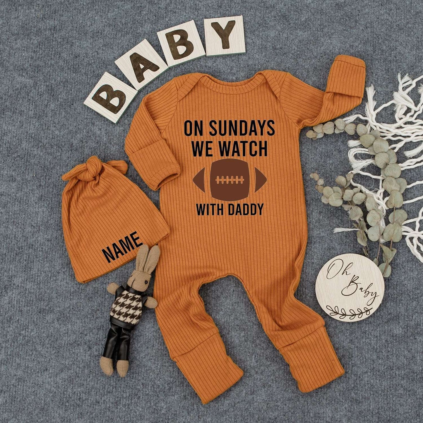 Personalized Baby Bodysuit Hat Set On Sundays We Watch Football with Daddy Custom Name Newborn Infant Outfit Gender Neutral New Mom Gift