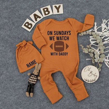 Personalized Baby Bodysuit Hat Set On Sundays We Watch Football with Daddy Custom Name Newborn Infant Outfit Gender Neutral New Mom Gift