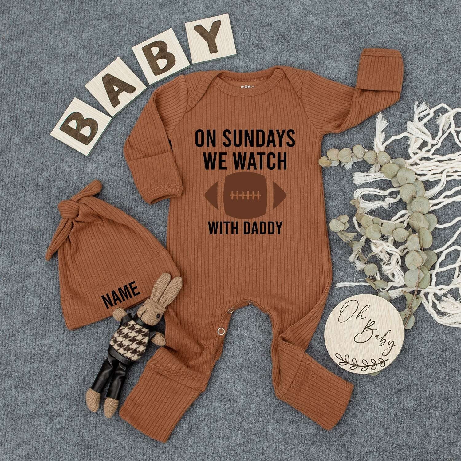 Personalized Baby Bodysuit Hat Set On Sundays We Watch Football with Daddy Custom Name Newborn Infant Outfit Gender Neutral New Mom Gift