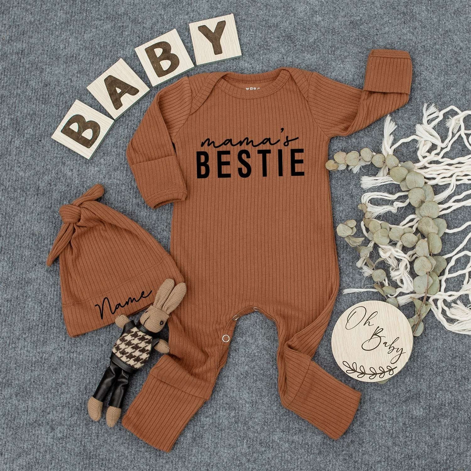 Personalized Mama's Bestie Baby Bodysuit with Name Hat Set Cute Newborn Romper Outfit New Mom Infant Daughter Boho Gift