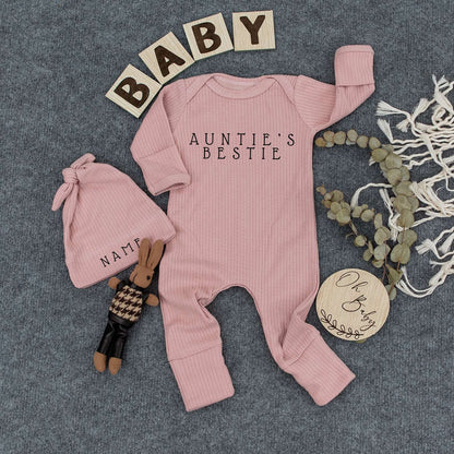 Custom Auntie's Bestie Baby Bodysuit and Hat Set Newborn Romper with Name Minimalist Modern Boho Infant Girl New Aunt Gift Outfit