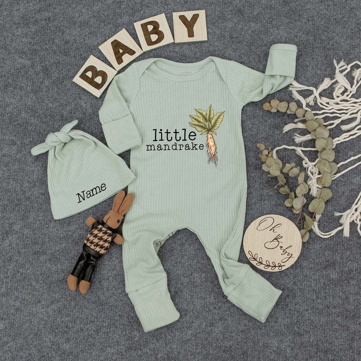 Personalized Baby Mandrake Bodysuit Hat Set Custom Name Whimsical Plant Design Newborn Outfit Vintage Boho Style Gender Neutral New Baby Gift Idea