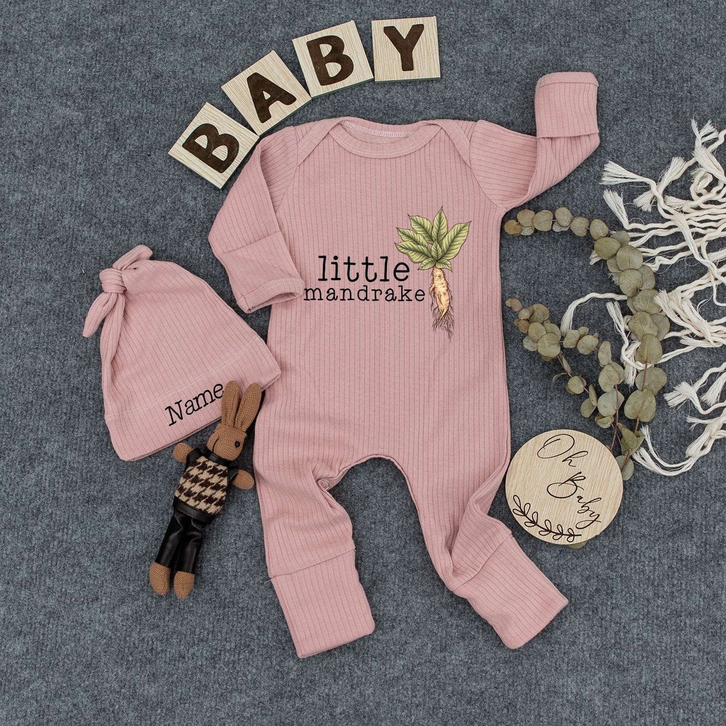 Personalized Baby Mandrake Bodysuit Hat Set Custom Name Whimsical Plant Design Newborn Outfit Vintage Boho Style Gender Neutral New Baby Gift Idea