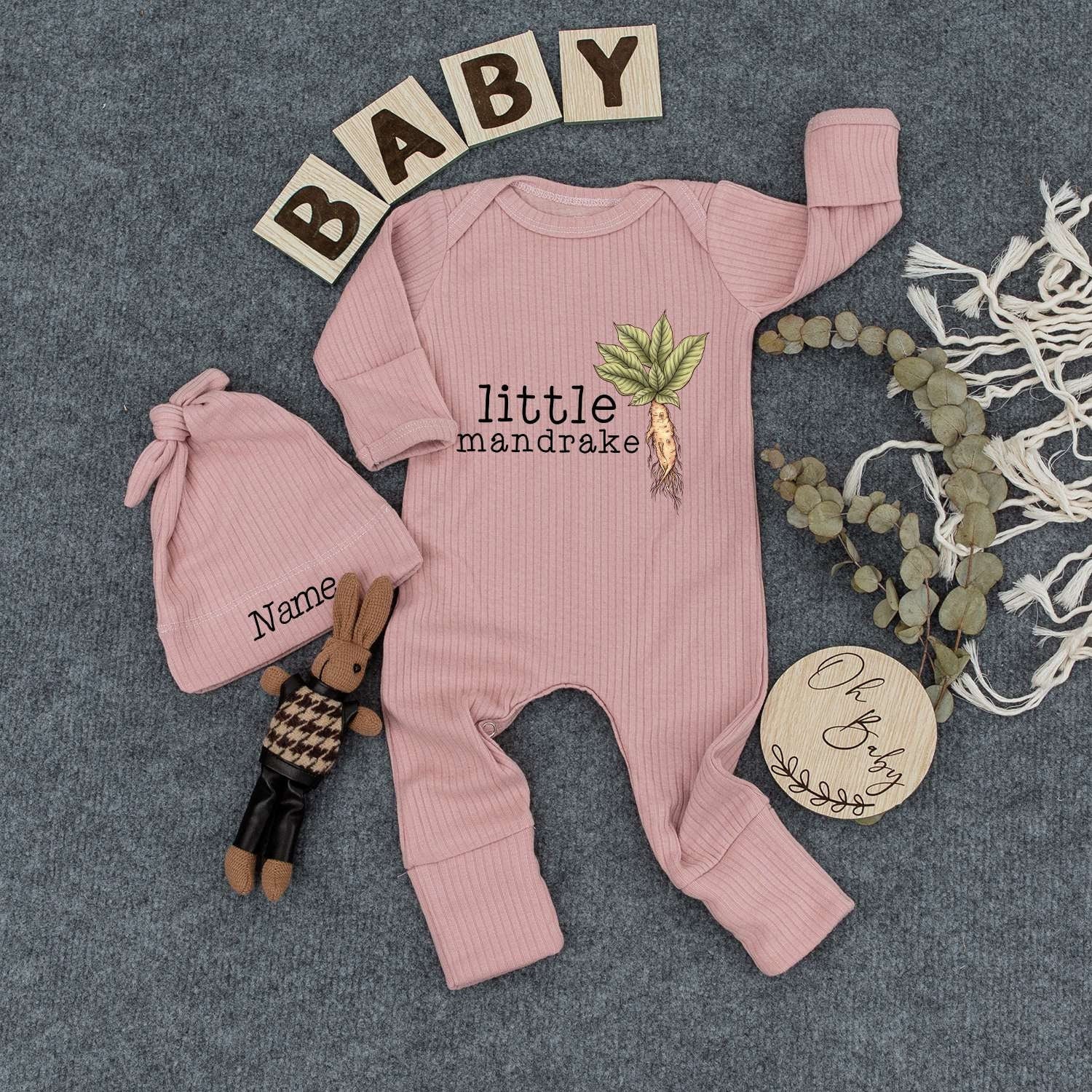 Personalized Baby Mandrake Bodysuit Hat Set Custom Name Whimsical Plant Design Newborn Outfit Vintage Boho Style Gender Neutral New Baby Gift Idea