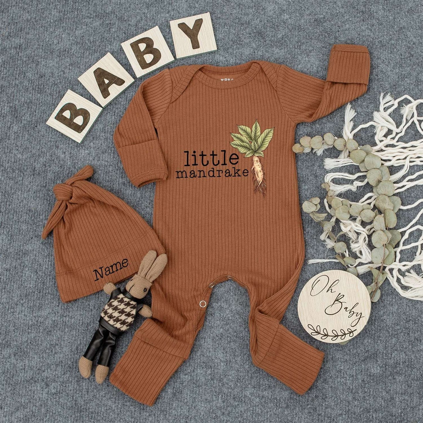 Personalized Baby Mandrake Bodysuit Hat Set Custom Name Whimsical Plant Design Newborn Outfit Vintage Boho Style Gender Neutral New Baby Gift Idea