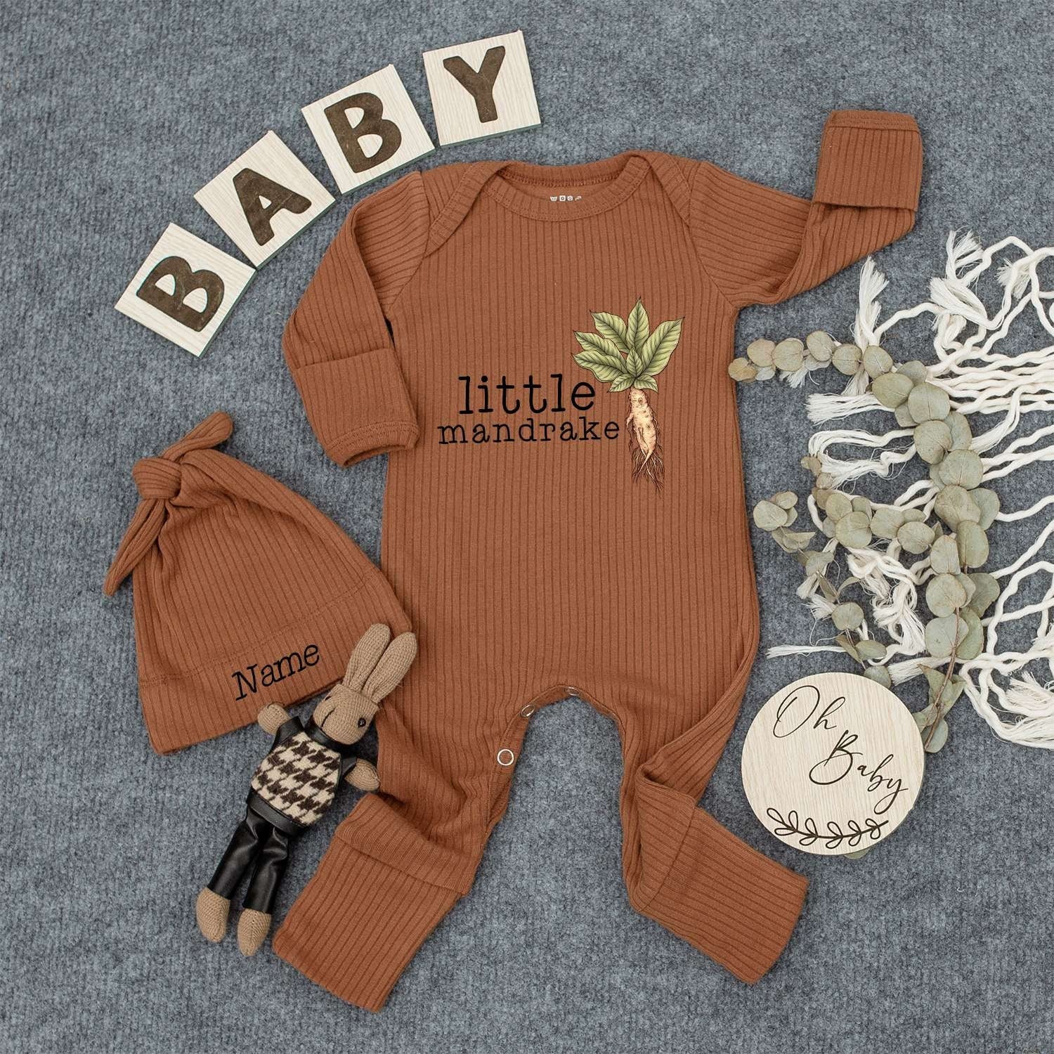 Personalized Baby Mandrake Bodysuit Hat Set Custom Name Whimsical Plant Design Newborn Outfit Vintage Boho Style Gender Neutral New Baby Gift Idea