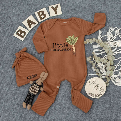 Personalized Baby Mandrake Bodysuit Hat Set Custom Name Whimsical Plant Design Newborn Outfit Vintage Boho Style Gender Neutral New Baby Gift Idea