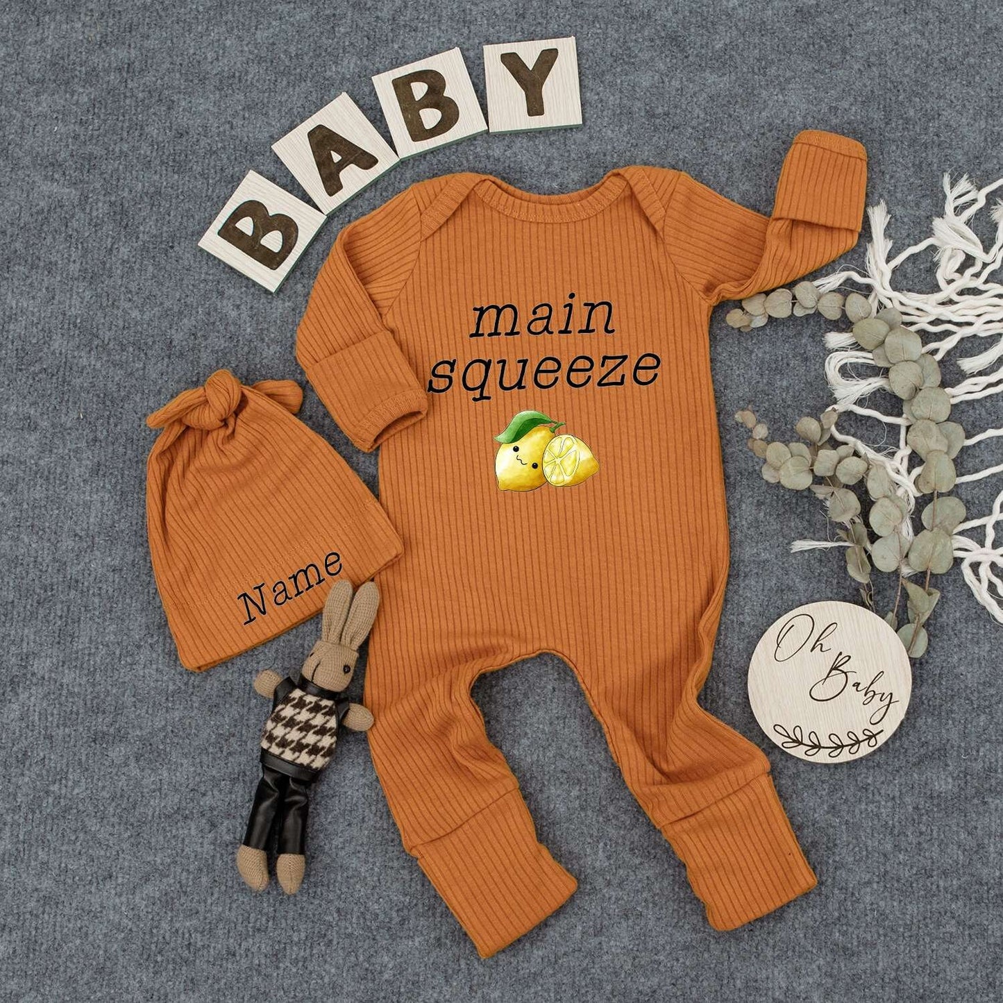 Personalized Main Squeeze Baby Bodysuit and Hat Set Cute Newborn Boy Outfit Adorable Cartoon Lemon Design Summer Boho Romper Gift