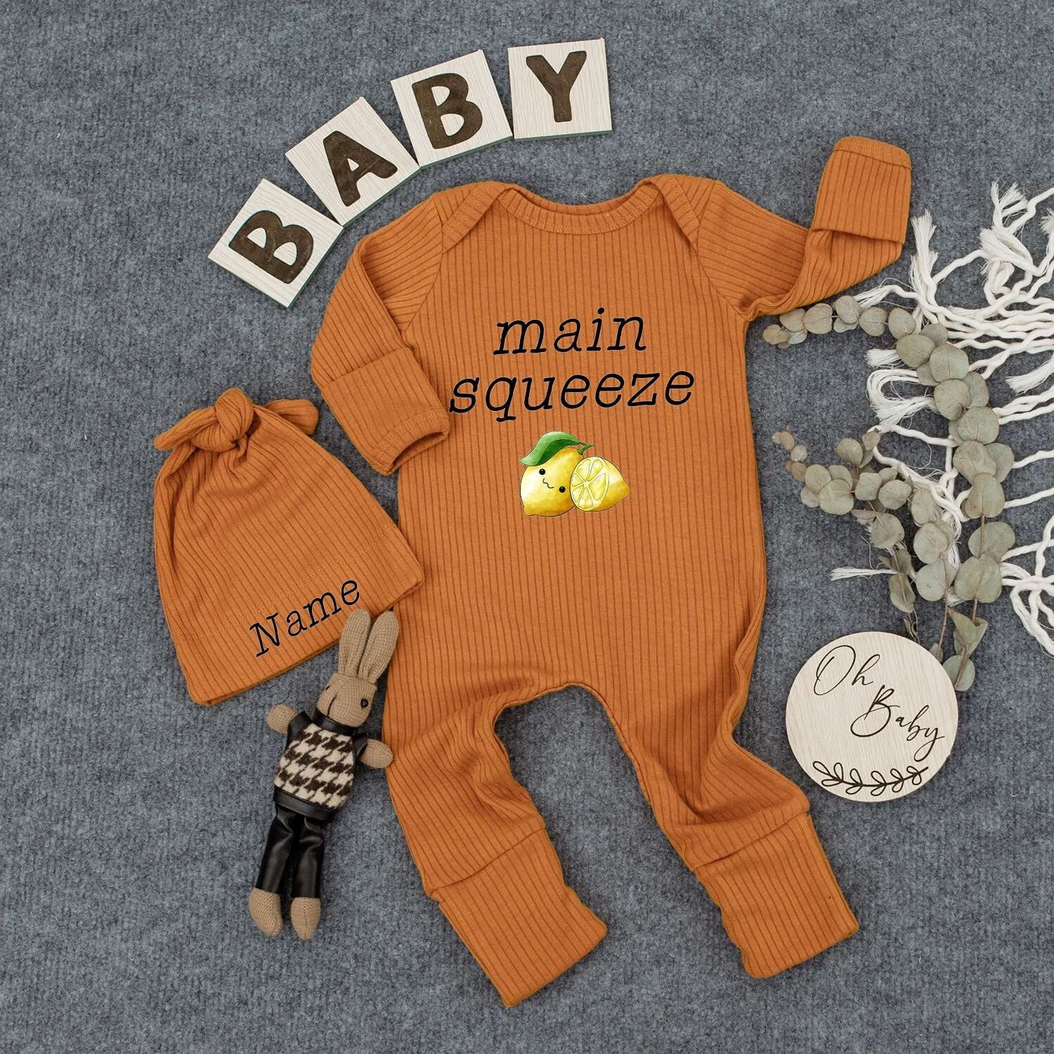 Personalized Main Squeeze Baby Bodysuit and Hat Set Cute Newborn Boy Outfit Adorable Cartoon Lemon Design Summer Boho Romper Gift