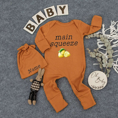 Personalized Main Squeeze Baby Bodysuit and Hat Set Cute Newborn Boy Outfit Adorable Cartoon Lemon Design Summer Boho Romper Gift