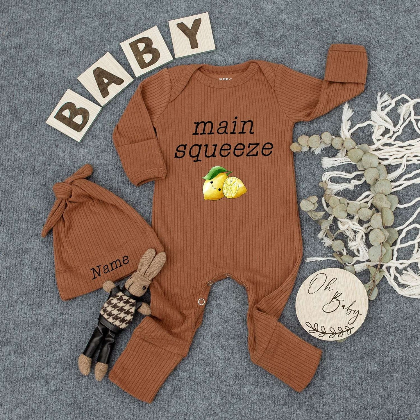 Personalized Main Squeeze Baby Bodysuit and Hat Set Cute Newborn Boy Outfit Adorable Cartoon Lemon Design Summer Boho Romper Gift