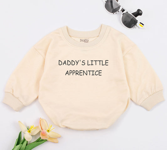 Daddy's Little Apprentice minimalist black text baby romper, a cute funny bodysuit gift for new dads, 1st Father's Day, soft comfy cotton.