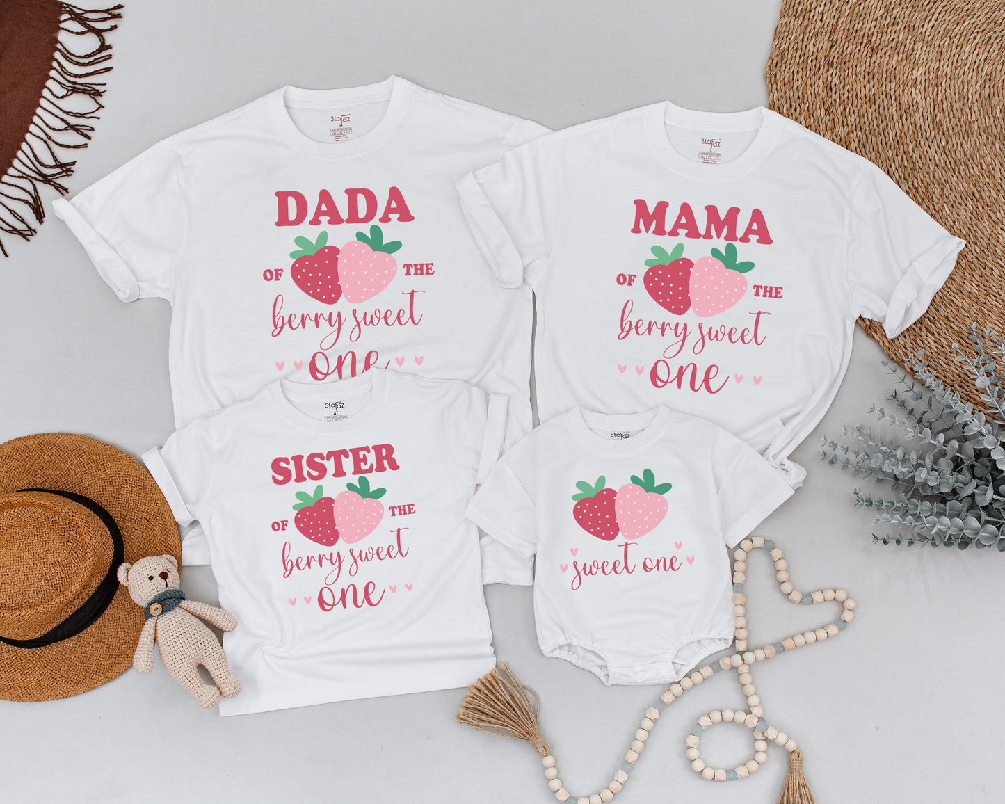 Berry Sweet First Birthday Family Shirts Mommy & Me Strawberry Matching Outfits Toddler 1st Birthday Party Celebration Cotton Tees
