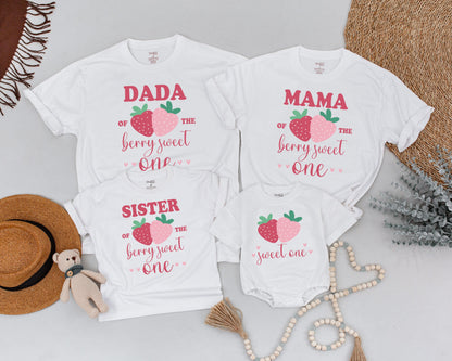 Berry Sweet First Birthday Family Shirts Mommy & Me Strawberry Matching Outfits Toddler 1st Birthday Party Celebration Cotton Tees