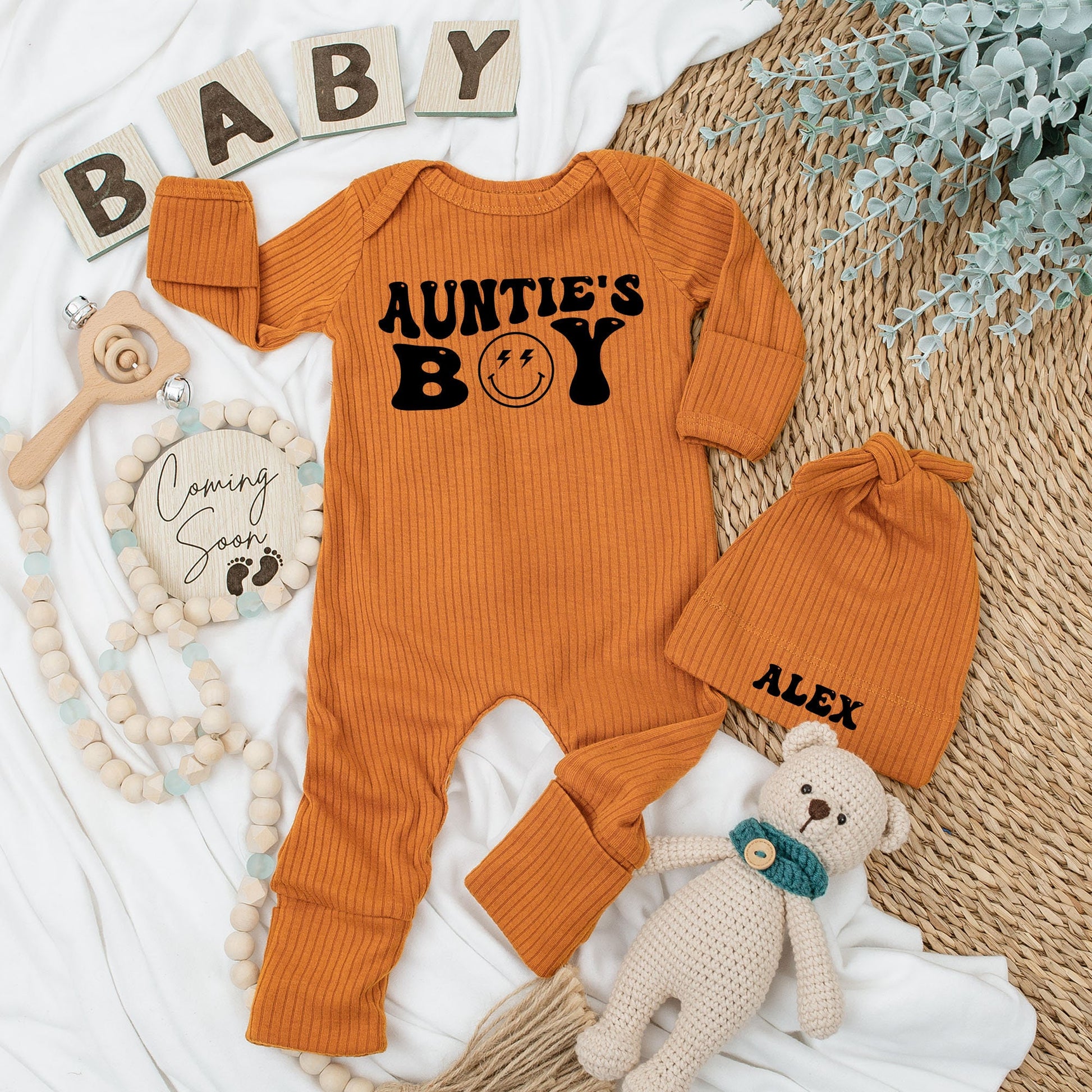 Auntie's Boy Retro Baby Bodysuit and Hat Set Newborn Outfit with Smiley Face Lightning Eyes Vintage Inspired Shower Gift Coming Home