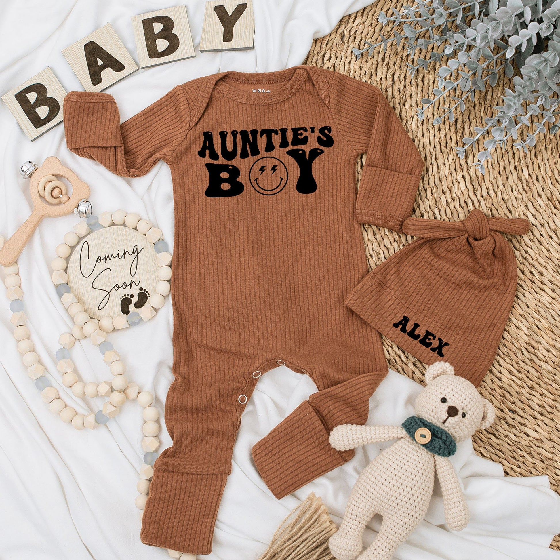 Auntie's Boy Retro Baby Bodysuit and Hat Set Newborn Outfit with Smiley Face Lightning Eyes Vintage Inspired Shower Gift Coming Home