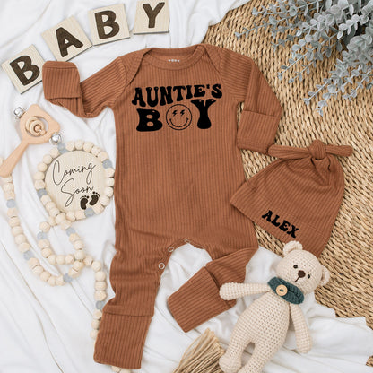 Auntie's Boy Retro Baby Bodysuit and Hat Set Newborn Outfit with Smiley Face Lightning Eyes Vintage Inspired Shower Gift Coming Home