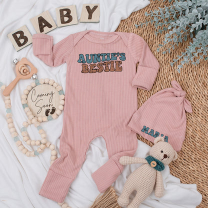 Auntie's Bestie Retro Baby Bodysuit and Hat Set Distressed Blue Bubble Letters 70s Style Newborn Shower Gift Coming Home Outfit Maria Hat