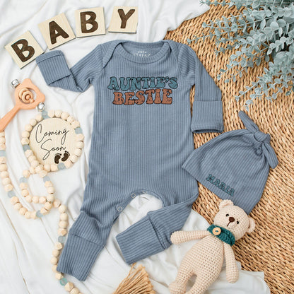 Auntie's Bestie Retro Baby Bodysuit and Hat Set Distressed Blue Bubble Letters 70s Style Newborn Shower Gift Coming Home Outfit Maria Hat