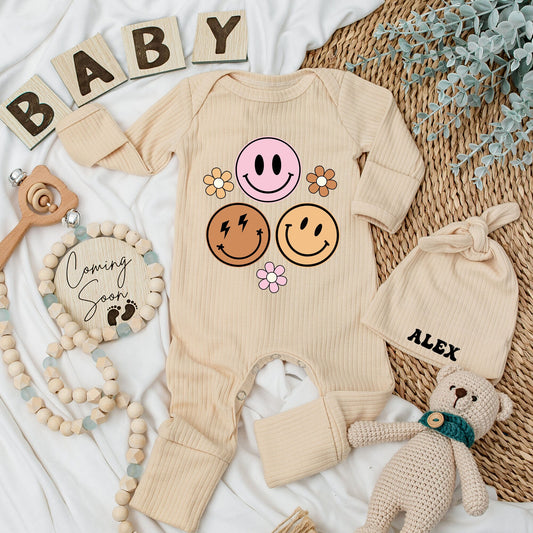 Personalized Baby Bodysuit & Hat Set Groovy Smiley Face Floral Design Alex Name Retro Birthday Shower Newborn Coming Home Outfit Baby Girl Clothes