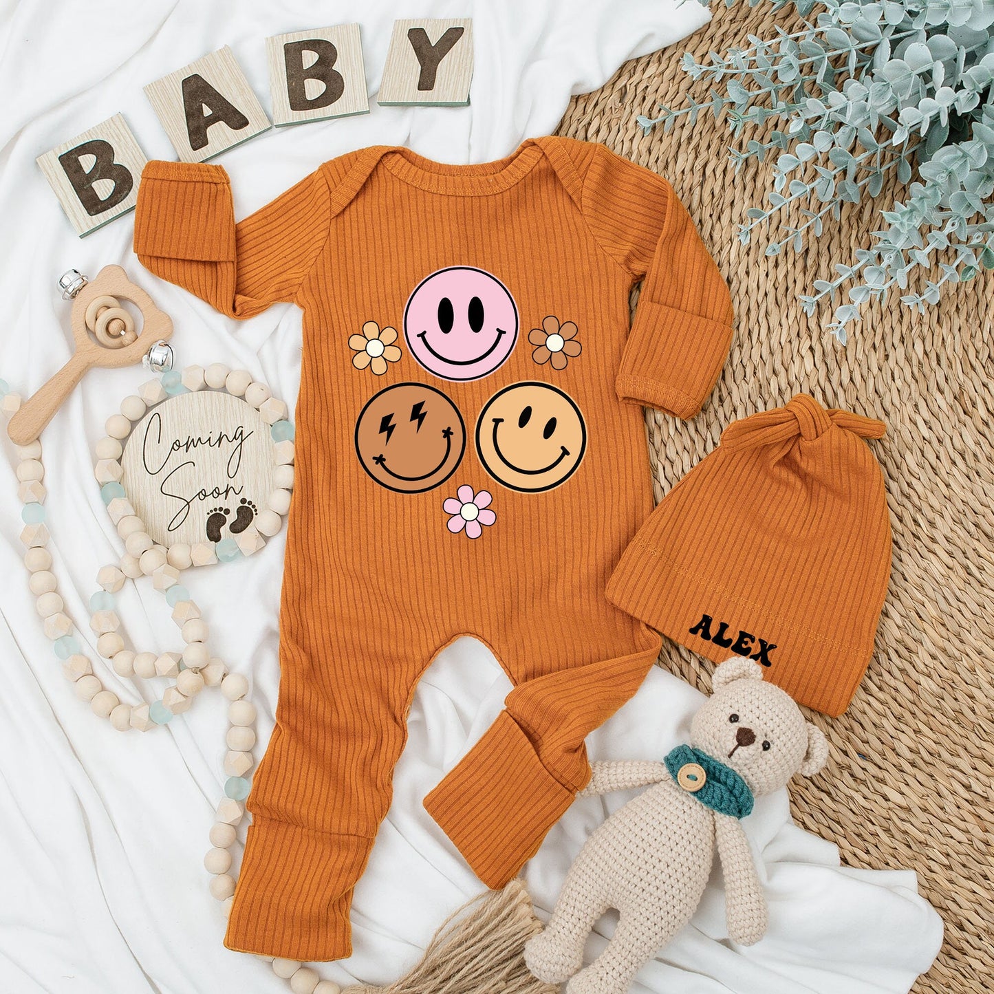 Personalized Baby Bodysuit & Hat Set Groovy Smiley Face Floral Design Alex Name Retro Birthday Shower Newborn Coming Home Outfit Baby Girl Clothes