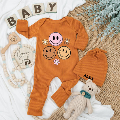 Personalized Baby Bodysuit & Hat Set Groovy Smiley Face Floral Design Alex Name Retro Birthday Shower Newborn Coming Home Outfit Baby Girl Clothes