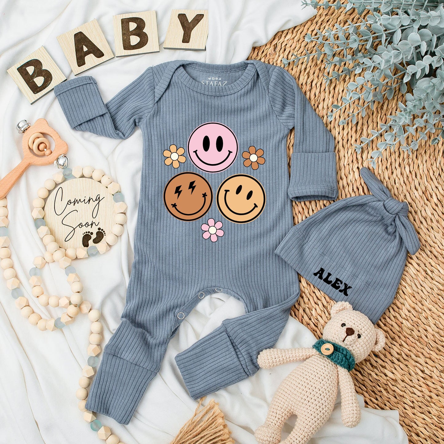 Personalized Baby Bodysuit & Hat Set Groovy Smiley Face Floral Design Alex Name Retro Birthday Shower Newborn Coming Home Outfit Baby Girl Clothes