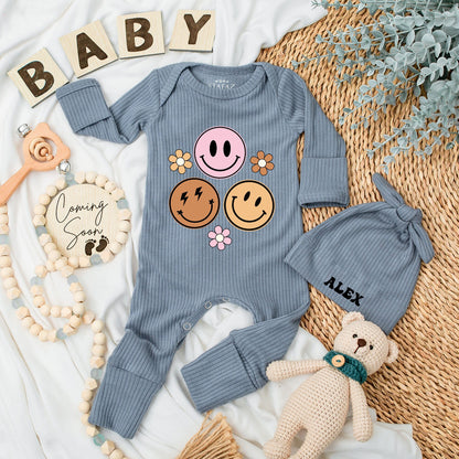 Personalized Baby Bodysuit & Hat Set Groovy Smiley Face Floral Design Alex Name Retro Birthday Shower Newborn Coming Home Outfit Baby Girl Clothes